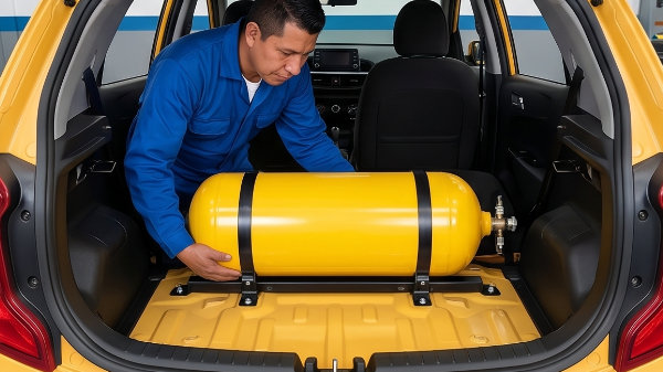 Técnico calibrando sistema de gas vehicular con computadora